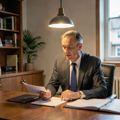 Warm lamp-line portrait of a foundation director at a desk reviewing papers, sin