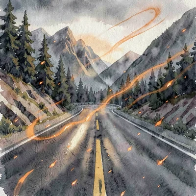 Falling embers streak orange trails across an empty two-lane mountain road at du