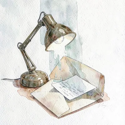 Vertical wash of a desk lamp pooling over an open envelope and folded letter