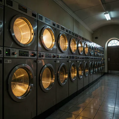 Cathedral-like row of front-loading washing machines with glowing drums