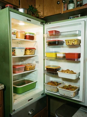 Avocado green refrigerator open showing Tupperware and casseroles, kitchen 1974 