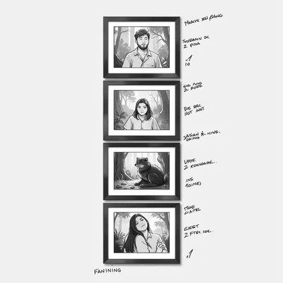 Vertical episode column of six storyboard panels, charcoal frames stacked, marke