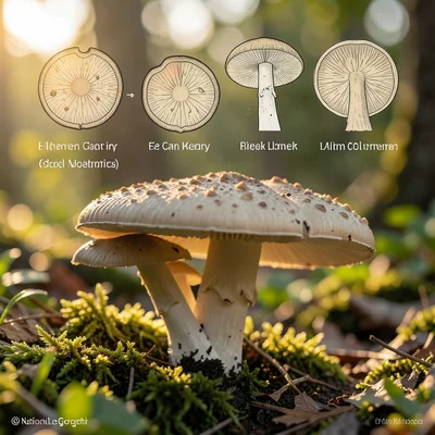 Mushroom cluster photo with scientific illustration overlay — cross-sections and