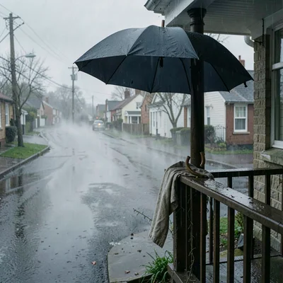 Quiet small town photography, contemplative scene, An umbrella drying on a porch
