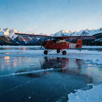 Photograph with Alaskan Arctic sensibility, Float plane on frozen lake surface, 