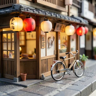 A miniature Japanese street: ramen shop, paper lanterns, a tiny cat on a wall, a