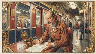 Egg tempera illustration, nun texting on subway , yolk-bound pigment, gold leaf 