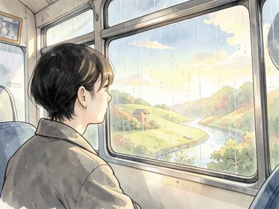 Person staring out rainy bus window, reflection shows sunny adventure landscape