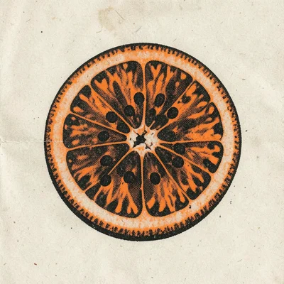 Cross-section of a citrus fruit in fluorescent orange and black risograph, seeds
