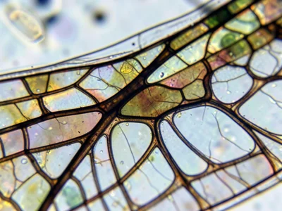 Dragonfly wing venation extreme closeup, cell-like compartments bounded by dark 