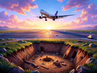Airport runway with plane above, archaeological dig site directly below