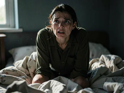 Waking from nightmare, sitting upright, sweat visible, relief and residual fear 