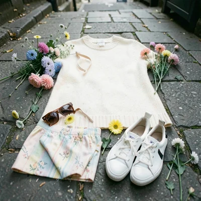Flat lay of spring outfit, light sweater, sneakers, sunglasses, flowers