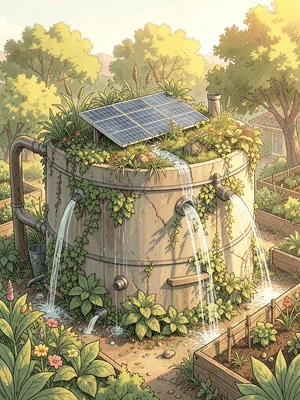 Water harvesting cistern with a living roof above it, rainwater spouts feeding a