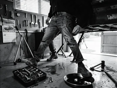 A home mechanic under a car on jack stands in a residential garage, only their l