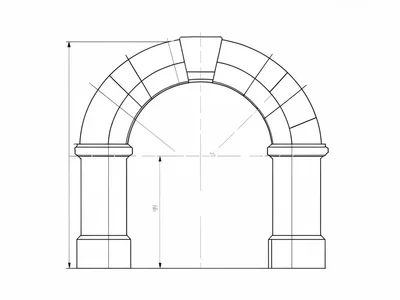 A blueprint of a single Roman arch viewed head-on, voussoirs separated by hairli