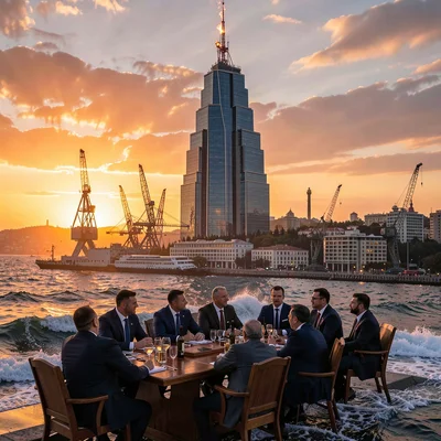 Oil-baron nouveau meeting Flame Tower modernity in windy Baku, oil derrick fores