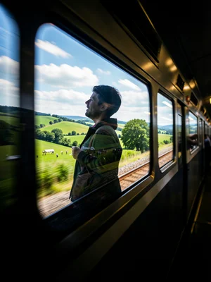 Train traveler silhouette filled with passing countryside through window, double