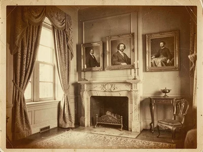A Victorian interior — fireplace, heavy drapes, framed portraits on walls