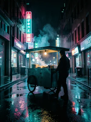 A food cart with a single warm bulb, steam rising into cold neon-lit air, the ve