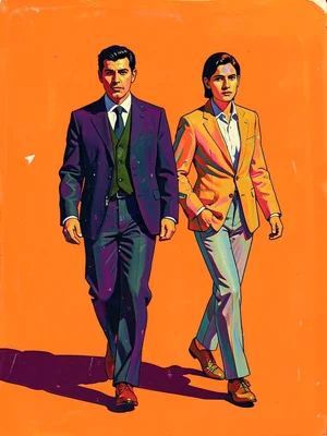 Two figures walking together, their long shadows in flat bright orange behind th