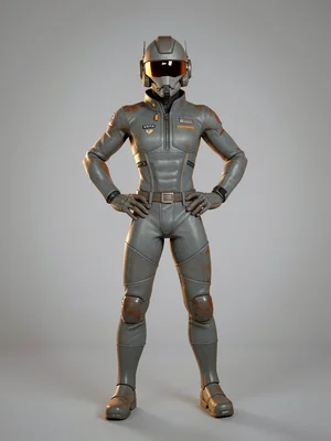 A wiry recon-pilot in a slim grey flight-suit stands hands on hips, narrow visor