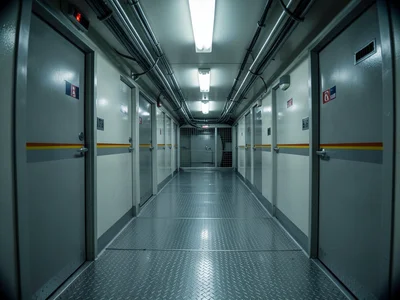 The back-of-house corridor in a cruise ship, narrow with exposed cable runs alon