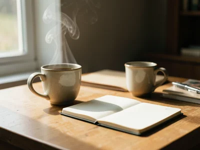 A morning desk: fresh coffee steam rising, an unopened notebook, a pen ready, th
