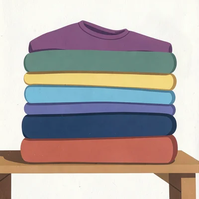 Stack of folded sweaters on a shelf, each a different flat opaque color