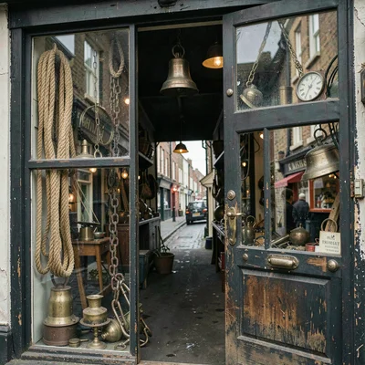 Port city documentary photograph, A chandlery shop window displaying rope, chain