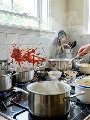 Tomato sauce splattered across white tile backsplash