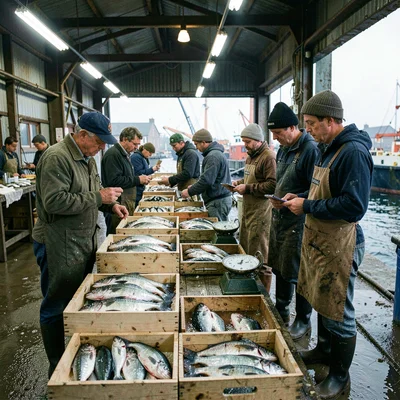 Port city documentary photograph, Fresh fish arranged in boxes at a harbor aucti