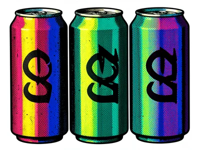 Six-pack of cola cans in vivid primary colors, mechanical dot pattern fills