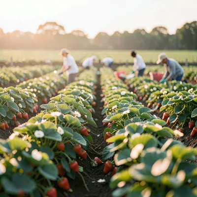 Wide field of strawberry rows at golden hour with workers in soft focus