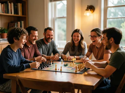 Family playing board games at a dining table, warm evening light, everyone laugh