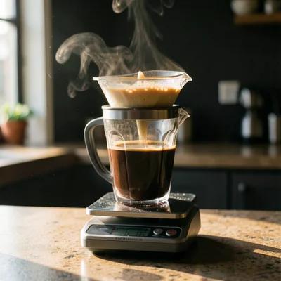 An Aeropress inverted on a kitchen counter, the plunge in progress, a digital sc