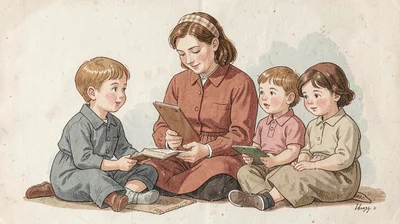 Casein illustration, mother reading to children , milk-based paint, vintage matt