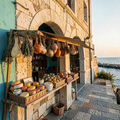 Adriatic limestone warmth, Dubrovnik honey stone, Market stall with local cheese