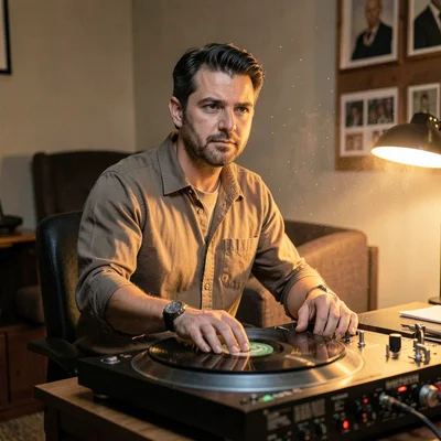 Portrait of an A&R scout at a turntable in the office lounge, dust motes in lamp