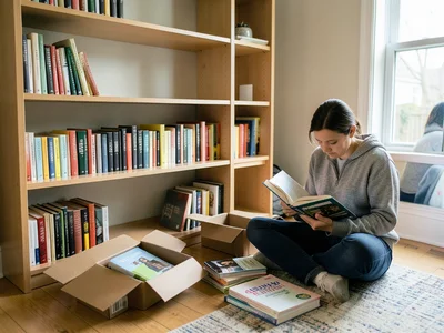 A bookshelf being loaded in a new home, the bottom two shelves filled with books