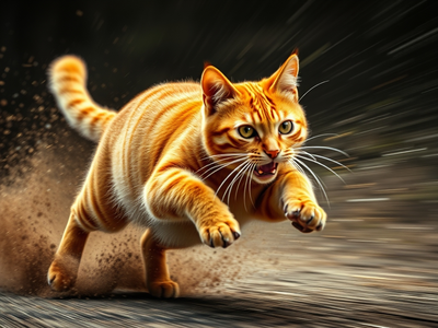 Dynamic action photography,. cat yellow. , frozen motion, high shutter speed, dramatic angle, intense emotion, sports il