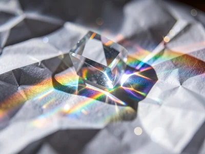 Rainbow caustic pool of light on crumpled white paper, the paper folds creating 