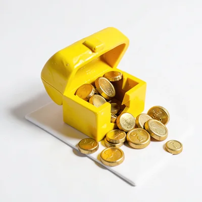 Bright lemon-yellow clay treasure chest cracked open with chunky gold coin shape