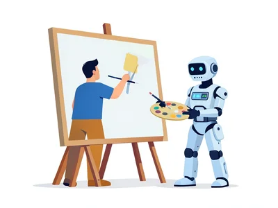 An artist painting on a huge canvas while AI robot holds the palette, creative c