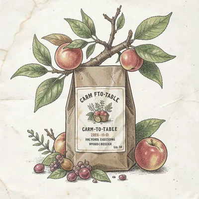 Artisan food packaging illustration, Peach tree branch with ripe fruit , farm-to