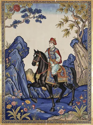 Falconer on horseback in an ornate landscape of stylized rocks and flowers