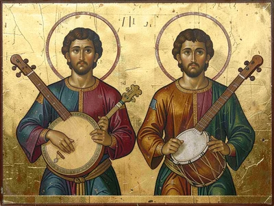 Two musicians side by side — one with lute, one with drum — frontal gaze
