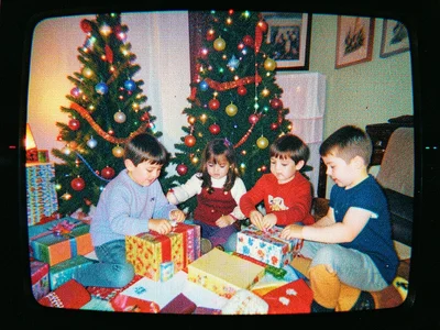 VHS recording of Christmas morning, children opening presents, 1990s home video