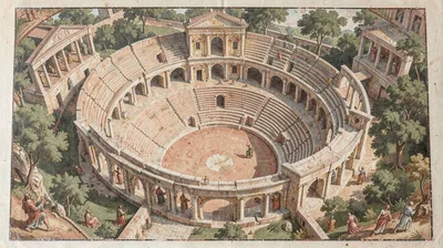 Fresco-style illustration, amphitheater from above , painted into wet plaster, p