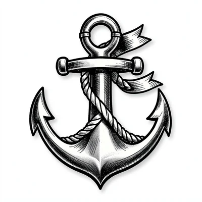 Traditional tattoo flash illustration, Anchor wrapped in rope with banner ribbon